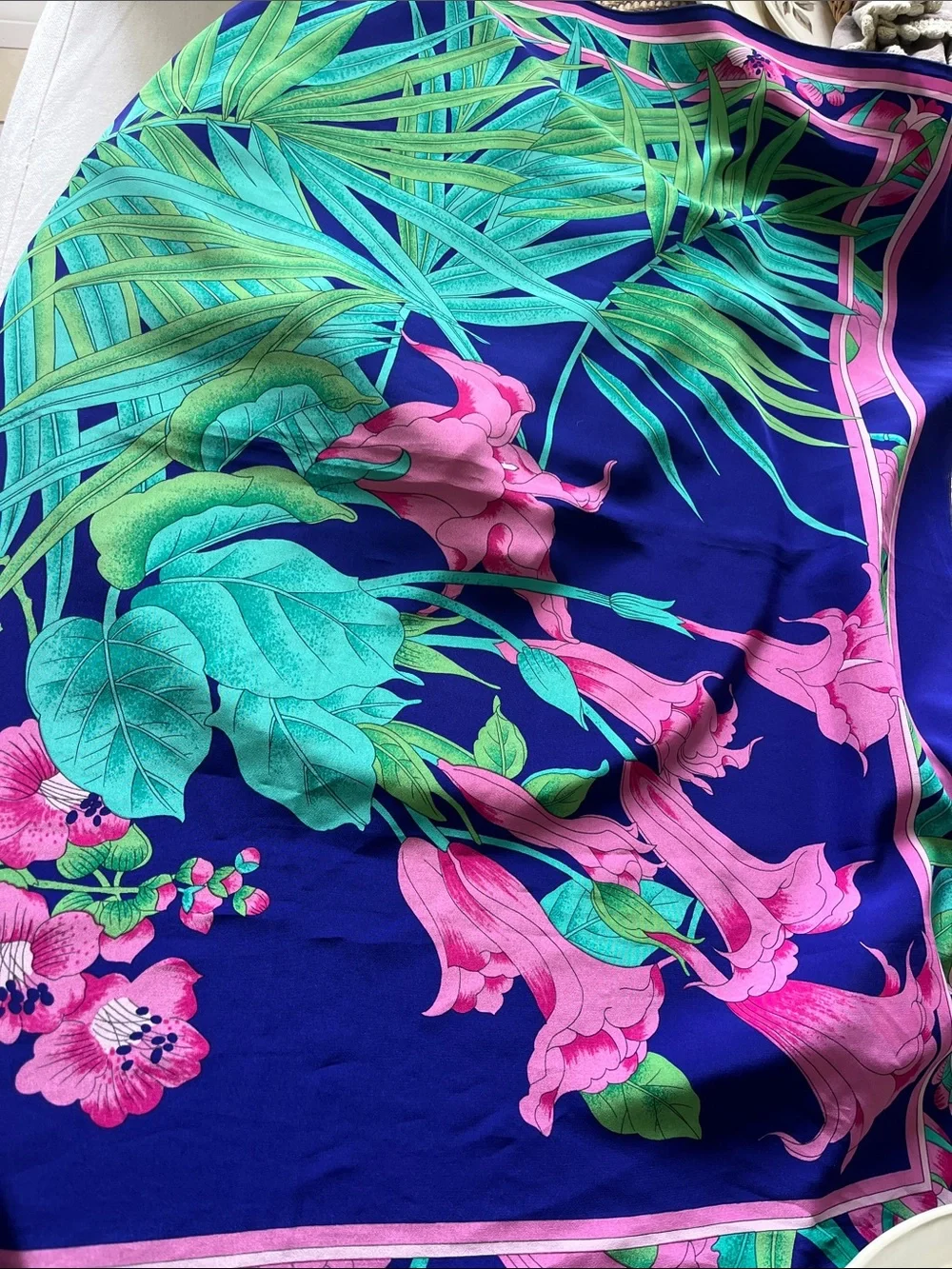 EUC beautiful vibrant, blue, and bold pink floral large scarf. 32